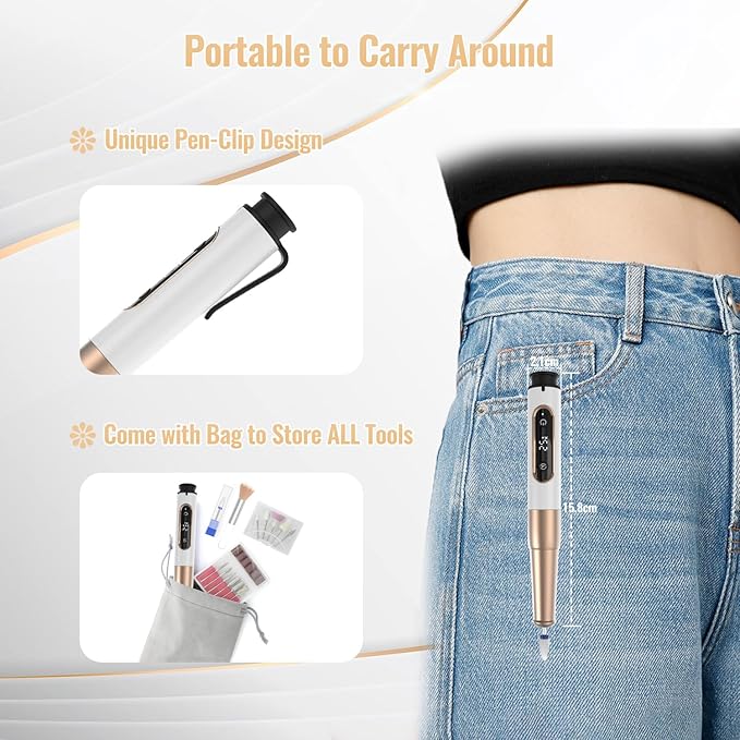Nail Drill Cordless, Electric Nail File 12 in 1 with LED Display, Nail Drill Machine Professional Portable Rechargeable E File for Gel Acrylic Manicure Pedicure Set with 5 Speeds Golden