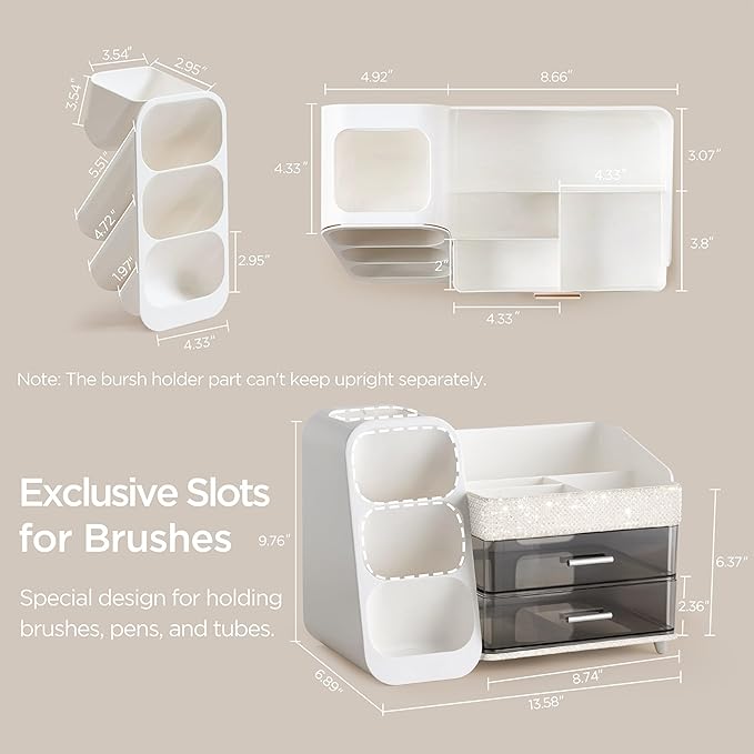 HBlife Makeup Organizer with Brush Holder for Vanity, Large Plastic Bathroom Countertop Organizer Skin Care Storage, Easy to Store Lipsticks, Nail Polishes, Perfumes, Eyeshadow Palettes, Pearl White