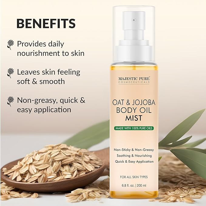 Majestic Pure Oat & Jojoba Oil Body Mist- 100% Pure & Natural - After Shower Body Oils for Women and Men - Scented, Radiant, Skin Therapy Firming Massage Oil - 6.8 Fl Oz