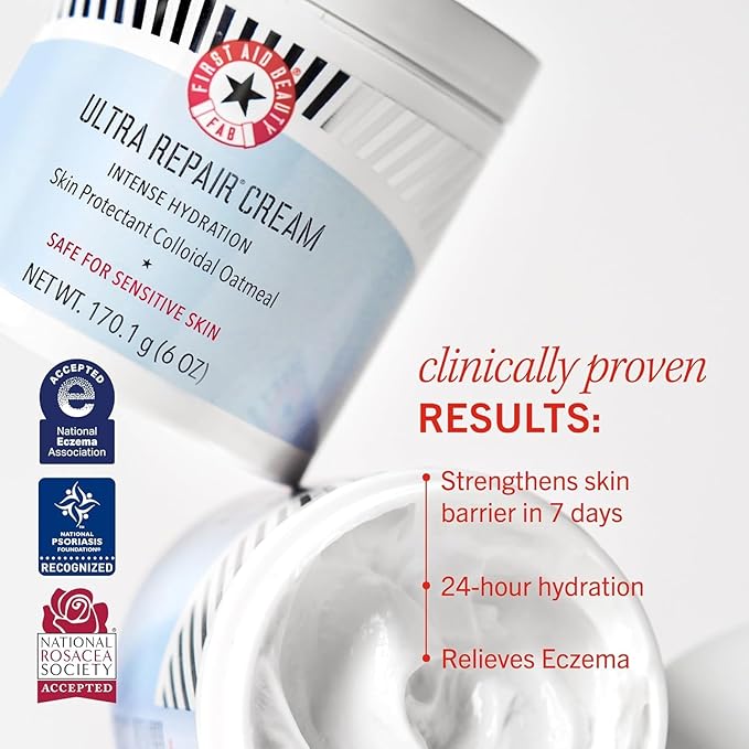 First Aid Beauty - Ultra Repair Cream, Intense Hydration Whipped Colloidal Oatmeal, Clinically Proven to Strengthen Skin Barrier in 7 Days & Helps Relieve Eczema, Luxury Face & Body Moisturizer, 2 oz