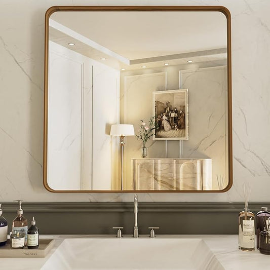 LOAAO 36X36 Inch Bathroom Mirror with Wood Grain Colored Metal Frame, Rounded Rectangle Metal Framed Bathroom Mirror, Anti-Rust, Hangs Horizontally or Vertically, Tempered Glass