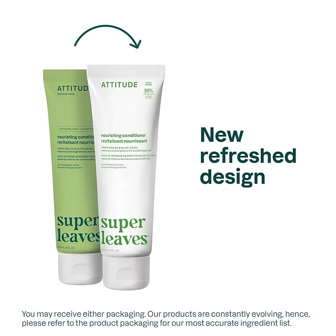 ATTITUDE Nourishing Hair Conditioner, For Dry and Damaged Hair, Naturally Derived Ingredients, Vegan Detangler, Dermatologically Tested, Grapeseed Oil and Olive Leaves, 8 Fl Oz (Pack of 6)