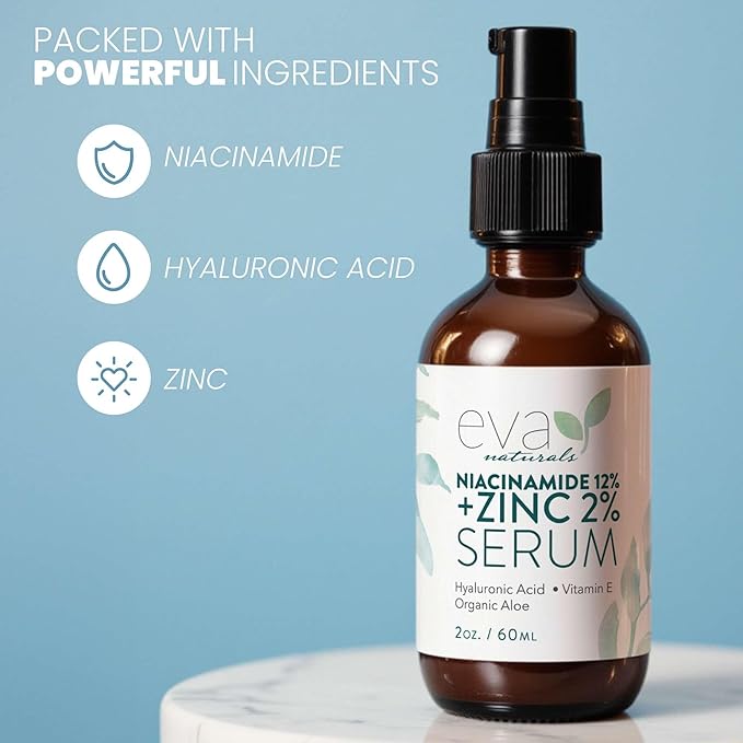 Eva Naturals Niacinamide 12% + Zinc Serum for Face – Dark Spot Remover, Pore Minimizer, Redness Relief, Hydrating Vitamin B3 with Botanical Hyaluronic Acid, Anti-Aging Facial Serum for Clear Skin