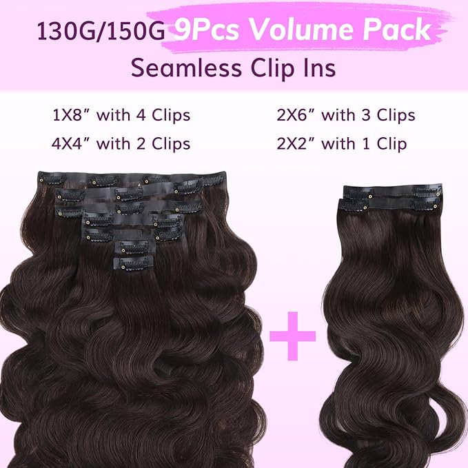 IDN BEAUTY Seamless Clip In Hair Extensions Human Hair 130g Dark Brown Real Remy Virgin Human Hair Seamless Clip Ins For Black Women PU Weft Invisible Edge Thick Soft BW 18 Inches 9Pcs