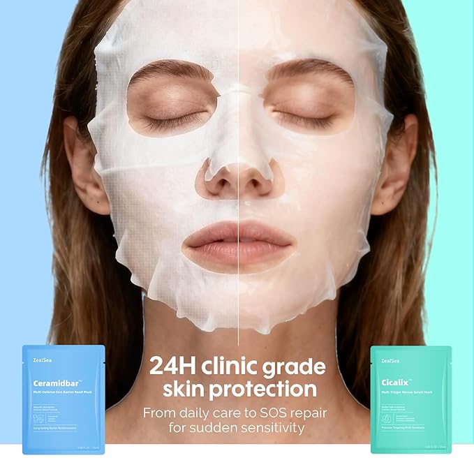 ZealSea Cicalix & Ceramidbar Face Masks Skincare Set, Derm Solution Sheet Mask for Multi-Trigger Sensitivity, Soothing & Calming, Strengthen & Restore Skin, Facial Mask with Cica & Ceramide, 16 Pack