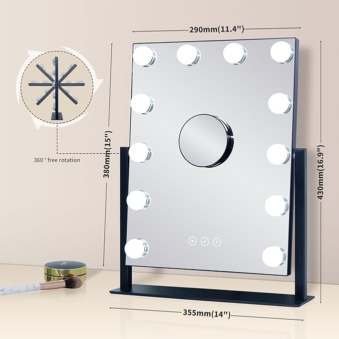 Vanity Mirror with Lights,Lighted Vanity Mirror with 12 Dimmable Bulbs for Dressing Room & Bedroom,3 Color Lighting,Modes Detachable 10x Magnification 360°Ratation