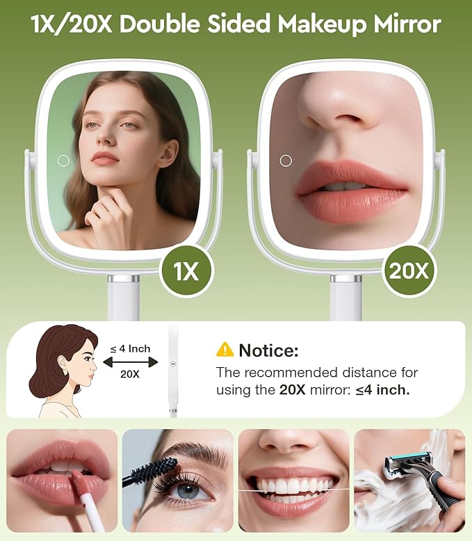 Height Adjustable Lighted Makeup Mirror with Lights and Magnification, 1X 20X Magnifying Mirror with Light 4000mAh Rechargeable, Tray Base and Phone Stand for Desk, Gifts for Women (White)