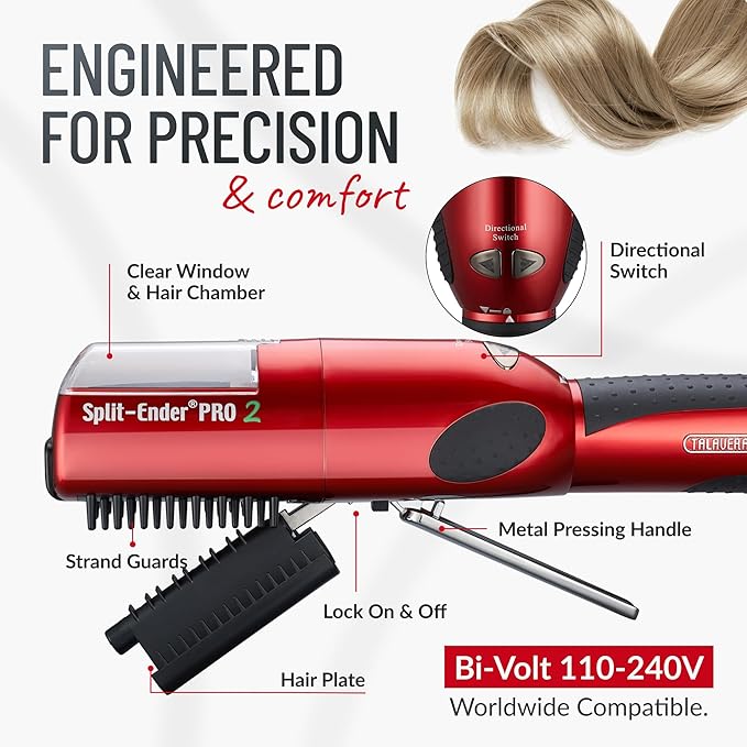 Pro 2 - Original Professional Beauty Tool - Cordless Split End Hair Trimmer for Damaged, Dry, Brittle, Frizzy, Curly or Straight Hair (Red)
