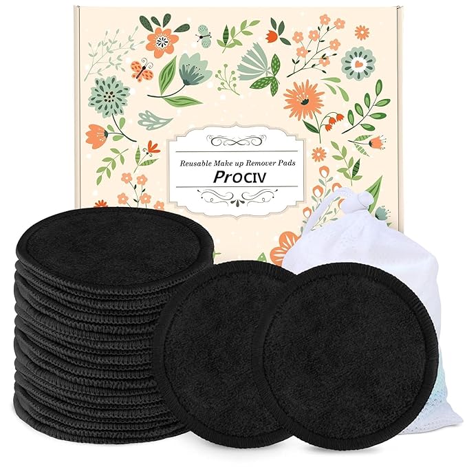 ProCIV Reusable Makeup Remover Pads - 25 Pack Washable Organic Cotton Rounds for All Skin Types & Toner with Laundry Bag, Eco Friendly Zero Waste Reusable Cotton Pads Travel Gadgets (Black)