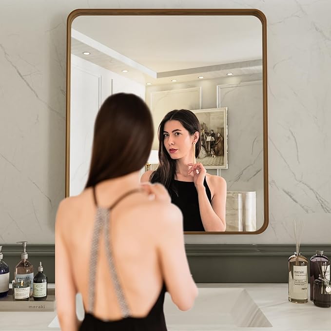LOAAO 20X16 Inch Bathroom Mirror with Wood Grain Colored Metal Frame, Rounded Rectangle Metal Framed Bathroom Mirror, Anti-Rust, Hangs Horizontally or Vertically