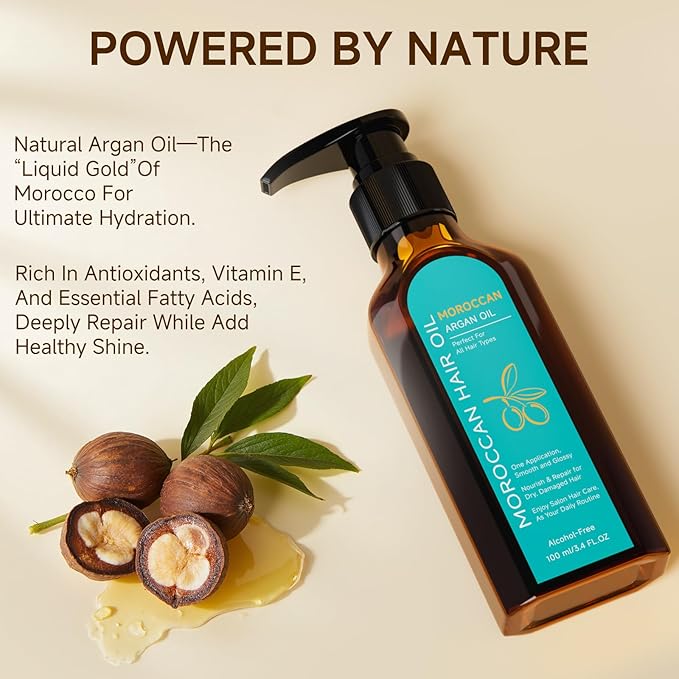 Outccogo Moroccan Argan Oil, Hair Oil for Frizzy Hair, Nourishing Smooths Moroccan Hair Oil for Frizz Control Curly Long Dry Damaged Curly Hair Treatment and Heat Protectant, 3.4 Fl Oz