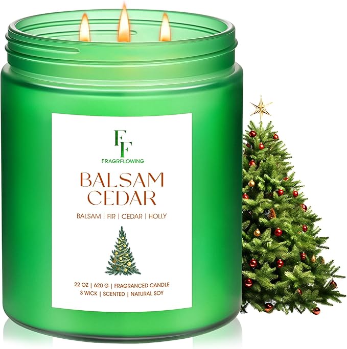 Large Christmas Candle Balsam Cedar Scented, 3-Wick 22oz Long Lasting Scented Candle, Natural Soy Wax Aromatherapy Candle for Home, Holiday Candle Gifts for Women Men