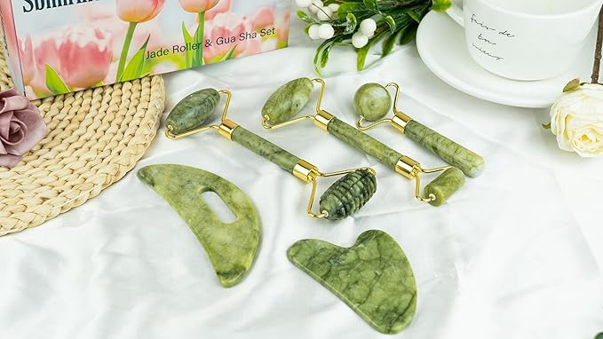 Jade Roller and Gua Sha Set,Gua Sha Facial Tools,Face Roller,Jade Roller for Face,Guasha Tools for Face,Self Care Kit for Men Women
