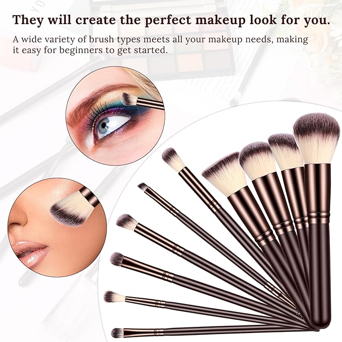 Makeup Brush Sets 10 Pcs Make Up Brushes for Women Wooden Handle Soft Synthetic Bristles Professional Complete Makeup Brushes for Face Foundation Concealer Blush Eyeshadow Brown for Women Girls