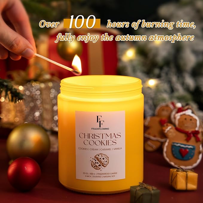Large Christmas Candle Christmas Cookies Scented, 3-Wick 22oz Long Lasting Scented Candle, Natural Soy Wax Aromatherapy Candle for Home, Holiday Candle Gifts for Women Men