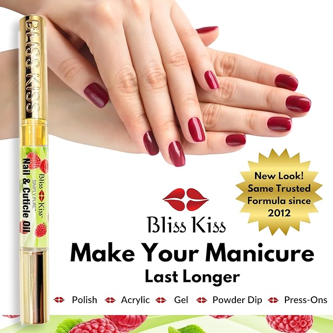 Bliss Kiss | 1 Juicy Raspberry Fragrance | Nail Oil Cuticle Pen w/Vitamin E & Jojoba⏤Nail Strengthener Nail Growth Serum for Brittle Peeling Breaking Thin Nails