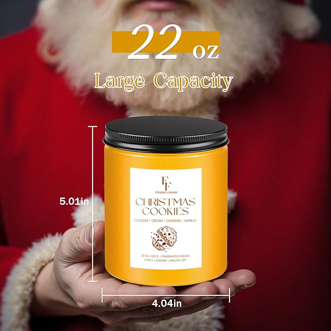 Large Christmas Candle Christmas Cookies Scented, 3-Wick 22oz Long Lasting Scented Candle, Natural Soy Wax Aromatherapy Candle for Home, Holiday Candle Gifts for Women Men