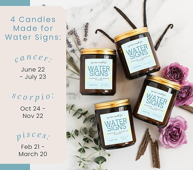 Pisces, Cancer, Scorpio Gifts for Women - 4Pack Wood Wick Candles, 6oz Small Candles Set for Women. Zodiac Astrology Birthday Spiritual Gifts, Natural Soy Wax