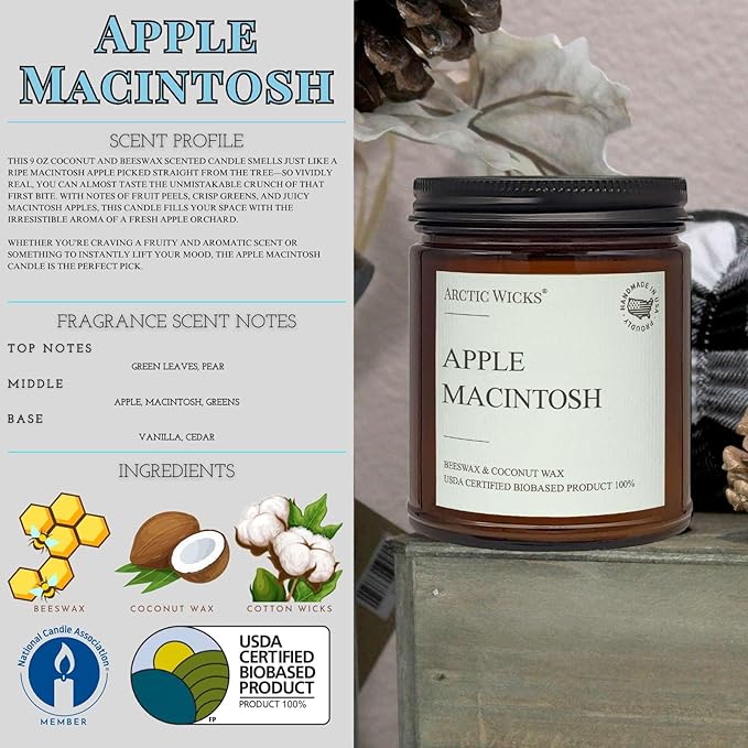 Apple Macintosh Scented Candle | 9oz Amber Jar | Arctic Wicks Non-Toxic Coconut & Beeswax Candles | Hand-Poured Clean Burning Eco-Friendly Candle | Fall Apple Orchard Scent | 100% USDA Biobased