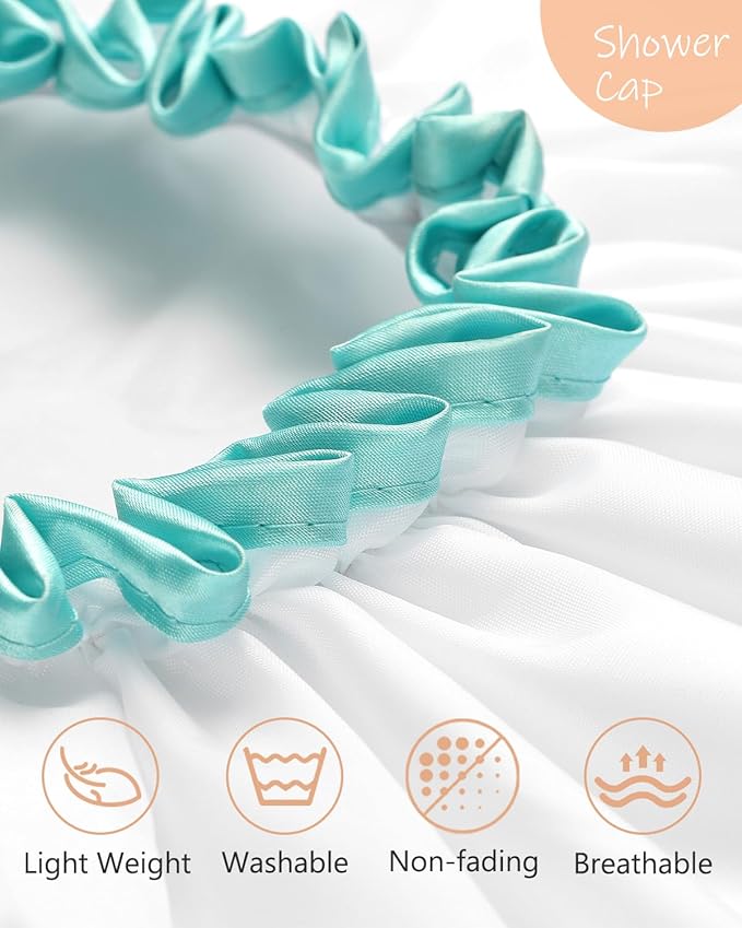 mikimini White Shower Cap for Women and Girls 2 Pack,Double Waterproof, Reusable,Washable, Super Cute and Soft,Comfortable