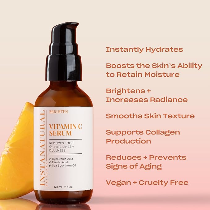 InstaNatural Vitamin C Face Serum with Hyaluronic Acid & Ferulic Acid | Brightening & Hydrating Formula for Radiant, Smooth-Looking Skin - 2 FL Oz