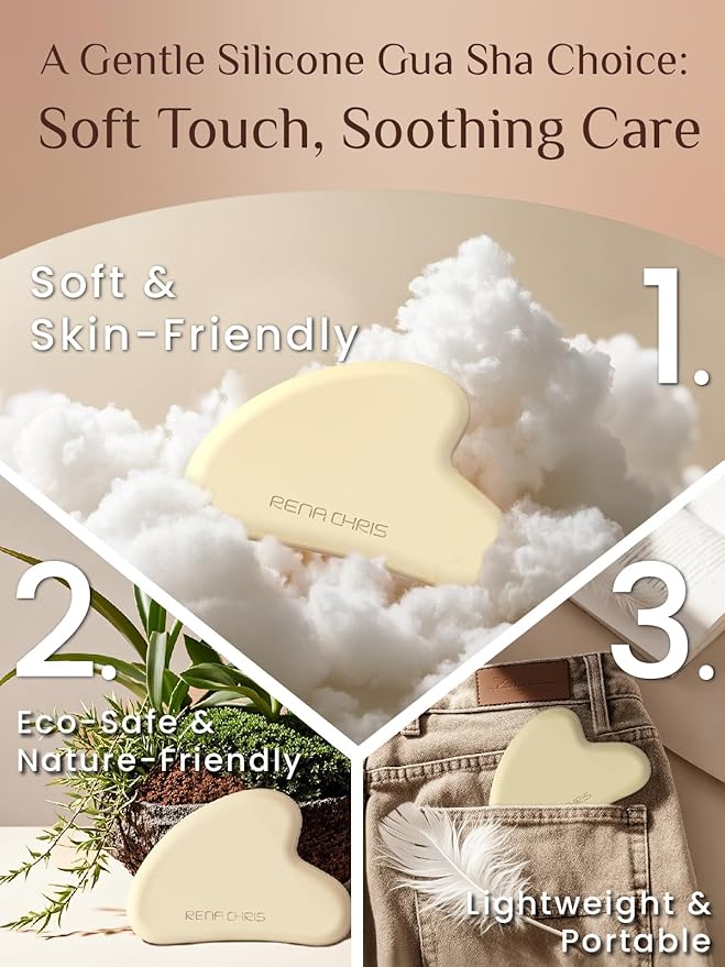 Rena Chris Gua Sha Facial Tools: Soft Silicone Guasha Tool for Face Acupuncture Therapy, Facial Massager for Jawline Sculpting and Puffiness Reducing (Peach)