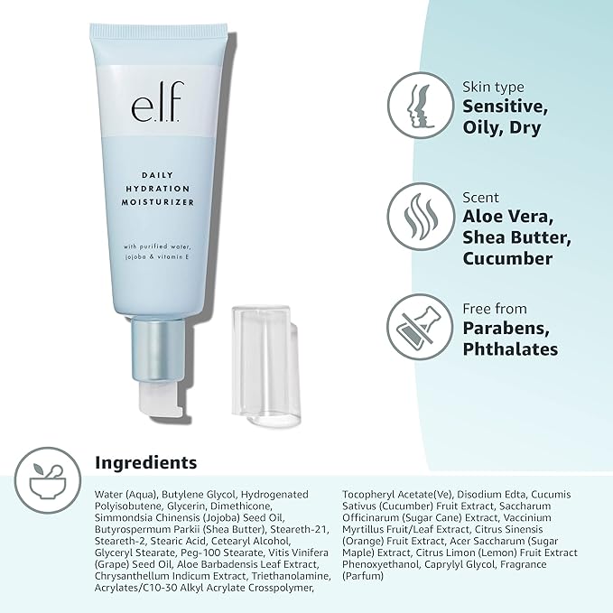 e.l.f. SKIN Holy Hydration! Daily Hydration Moisturizer, Ultra-Hydrating Formula, Infused with Aloe, Jojoba Oil & Shea Butter, Vegan & Cruelty-Free, 2.53 Fl Oz