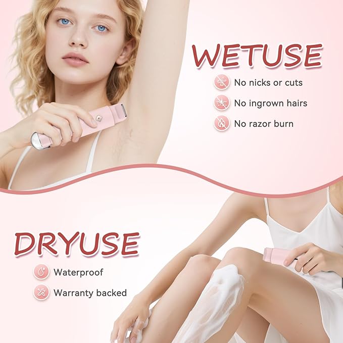 Bikini Trimmer for Women - 2 in 1 Electric Body Hair Trimmer with LED Display, IPX7 Waterproof & Easy to Clean, Cordless Body Shaver for Travel, Replaceable Ceramic Blade Heads, USB Charge Dock(Pink)