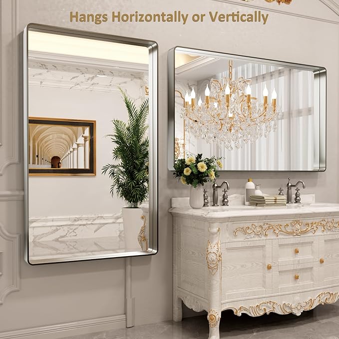 LOAAO 60X36 Inch Brushed Nickel Bathroom Mirror, Rounded Rectangle Silver Metal Frame Mirror, Brushed Nickel, Anti-Rust, Shatter Proof, Hangs Horizontally or Vertically