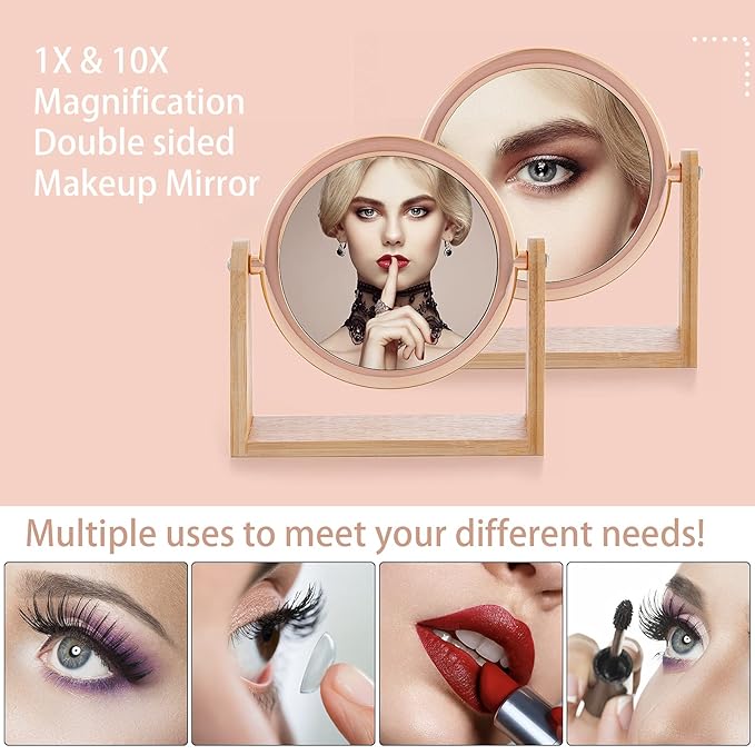 YEAKE Double Sided 10X Magnifying Makeup Mirror with Bamboo Stand,Small Desk Table Mirror with 360° Rotation,Standing Portable Cosmetic Mirror,Good for Shaving,Traveling(Rose Gold,Round)