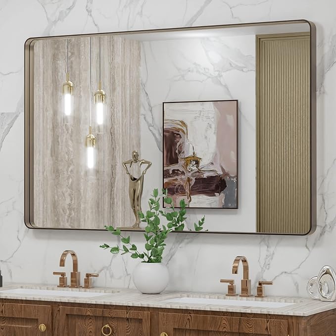 LOAAO 48”X30” Bronze Bathroom Mirrors for Vanity, Rounded Rectangle Brushed Bronze Metal Frame Mirror, Anti-Rust, Tempered Glass, Hangs Horizontally or Vertically