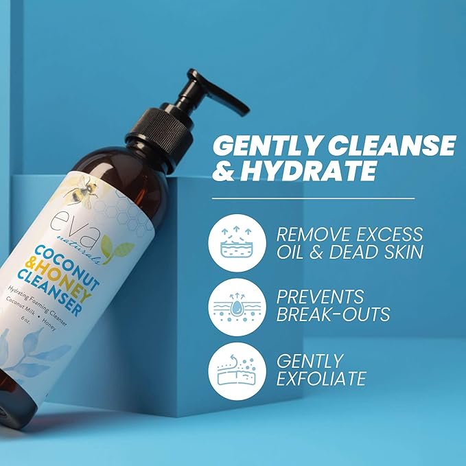 Eva Naturals Coconut & Honey Foaming Face Wash – Gentle Hydrating Facial Cleanser for Sensitive & Aging Skin – Removes Makeup, Dirt & Oil – Soothing Aloe & Royal Jelly – 6 Fl Oz