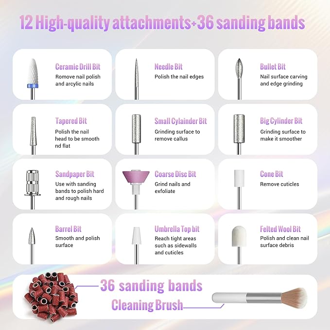 Nail Drill Cordless, Electric Nail File 12 in 1 with LED Display, Nail Drill Machine Professional Portable Rechargeable E File for Gel Acrylic Manicure Pedicure Set with 5 Speeds Purple