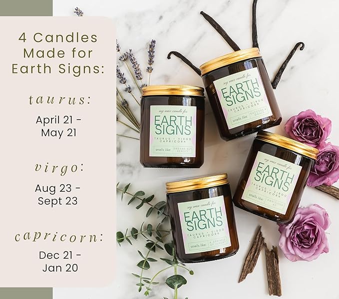 Taurus, Virgo, Capricorn Gifts for Women - Wood Wick Candles, 4 Pack Small Scented Candles Set for Women. 6oz Natural Soy Wax, Aromatherapy Set for Home. Zodiac Astrology Birthday Spiritual Gifts