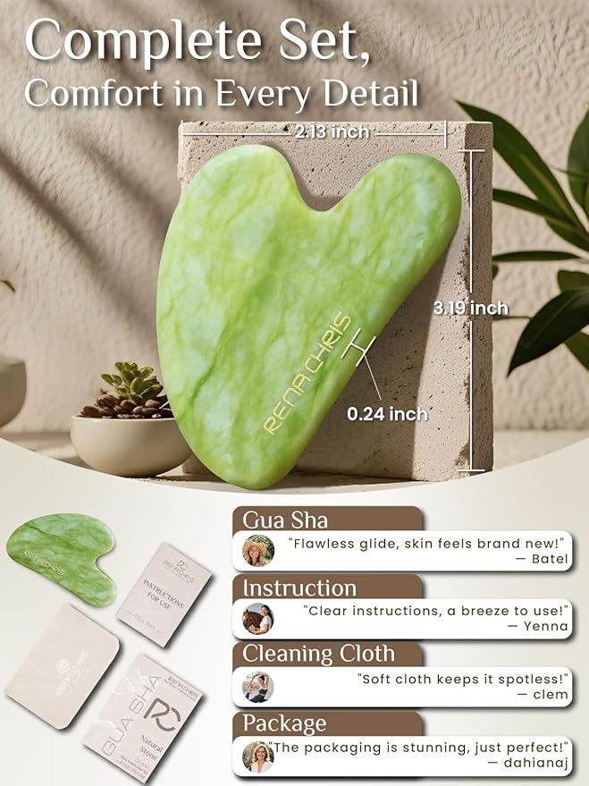 Rena Chris Gua Sha Facial Tools: Natural Jade Stone Guasha Tool for Face Acupuncture Therapy, Facial Massager for Jawline Sculpting and Puffiness Reducing (Mint Green)