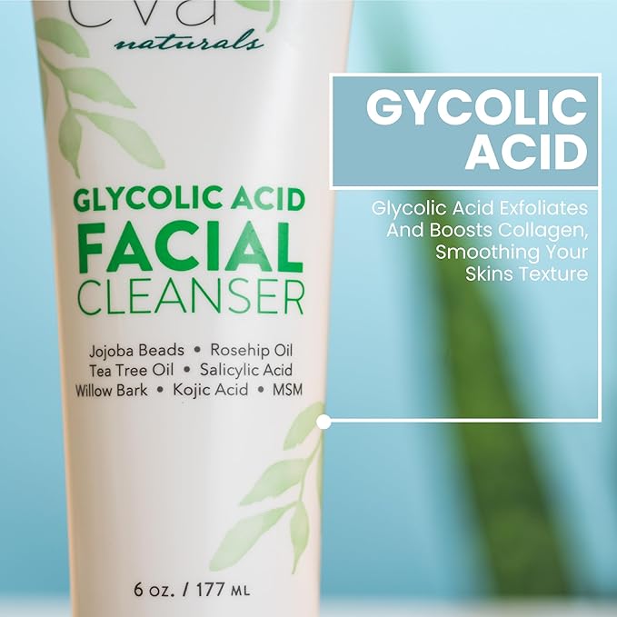 Eva Naturals Glycolic Acid Facial Cleanser – Exfoliating Face Wash with Salicylic Acid, Tea Tree & Vitamin E for Acne, Blackheads, Dark Spots, Wrinkles & Smooth, Clear, Radiant Skin Care - 6 Fl Oz