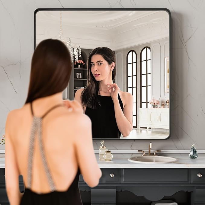 LOAAO 28X32 Inch Black Metal Framed Bathroom Mirror for Wall, Matte Black Bathroom Vanity Mirror Farmhouse, Anti-Rust, Hangs Horizontally or Vertically