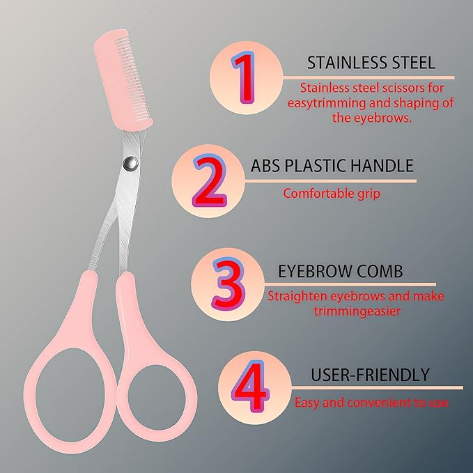 Eye brow Trimmer, 2 - in - 1 Eyebrow Trimming Set with Comb, Stainless Steel Professional Eyebrow Clipper, Eyebrow Grooming Tools for Women and Men, Beauty Accessory Tools (3 Pack) (Pink)