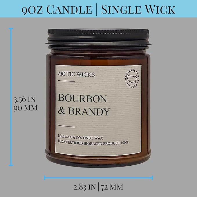 Arctic Wicks Scented Coconut Beeswax Candles | Coconut Beeswax Non Toxic Candle 9oz Amber | Farmhouse Candles Non-Toxic Clean Burn 100% USDA Certified Biobased (Bourbon & Brandy)
