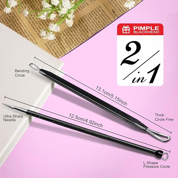 Teenitor Pimple Extractor Tool Comedone Extractor Acne Tool Blackhead Removal Tool 2-in-1 Pimple Popper Tool for Face and Nose Black