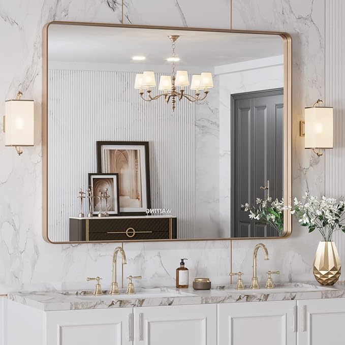 LOAAO 40"X32" Gold Bathroom Mirror, Rounded Rectangle Gold Frame Mirror, Brushed Gold Bathroom Vanity Mirror Wall-Mounted, Anti-Rust, Tempered Glass, Hangs Horizontally or Vertically