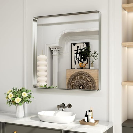 LOAAO 30X30 Inch Brushed Nickel Bathroom Mirror, Rounded Rectangle Silver Metal Frame Mirror, Brushed Nickel, Anti-Rust, Shatter Proof, Hangs Horizontally or Vertically