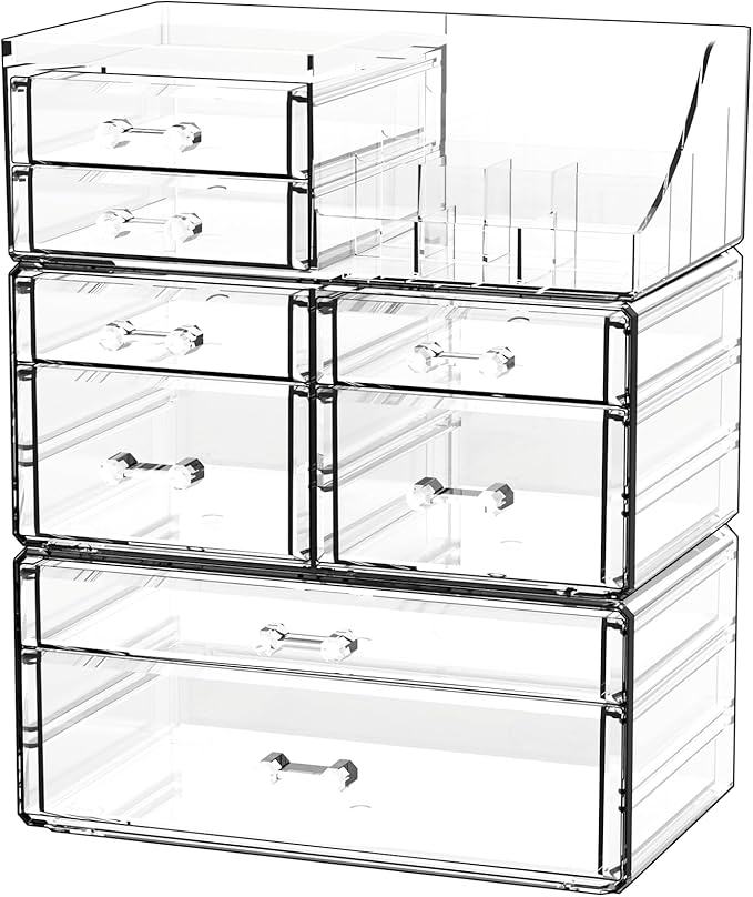 Cq acrylic Clear Make up Organizers for Vanity,Skincare Organizer With 8 Drawers for Dresser,Plastic Cute Desk Accessories Organization and Bathroom Organizers Storage Case Box for Beauty,Skin Care