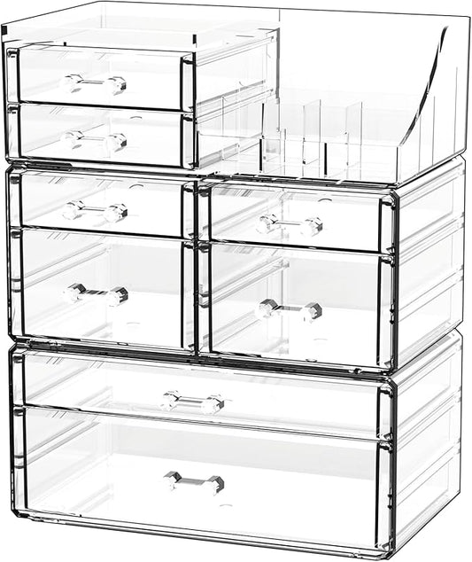 Cq acrylic Clear Make up Organizers for Vanity,Skincare Organizer With 8 Drawers for Dresser,Plastic Cute Desk Accessories Organization and Bathroom Organizers Storage Case Box for Beauty,Skin Care
