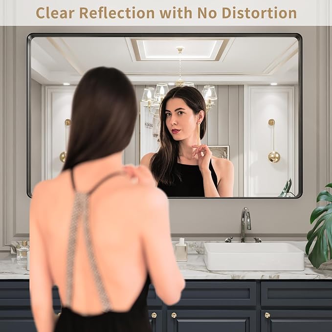 LOAAO Black Metal Framed Bathroom Mirror for Wall, Large 60X36 Inch Rounded Rectangle Mirror, Matte Black Bathroom Vanity Mirror Farmhouse, Anti-Rust, Tempered Glass, Hangs Horizontally or Vertically