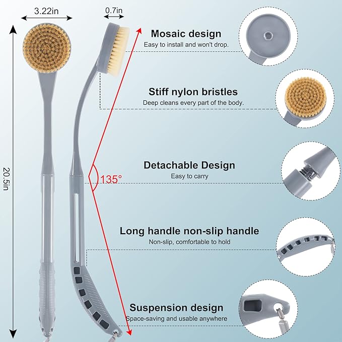 Back Brush Long Handle for Shower, 20.5” Back Bath Brush for Shower, Back Scrubber, Exfoliation and Improved Skin Health for Elderly with Limited Arm Movement, Disabled