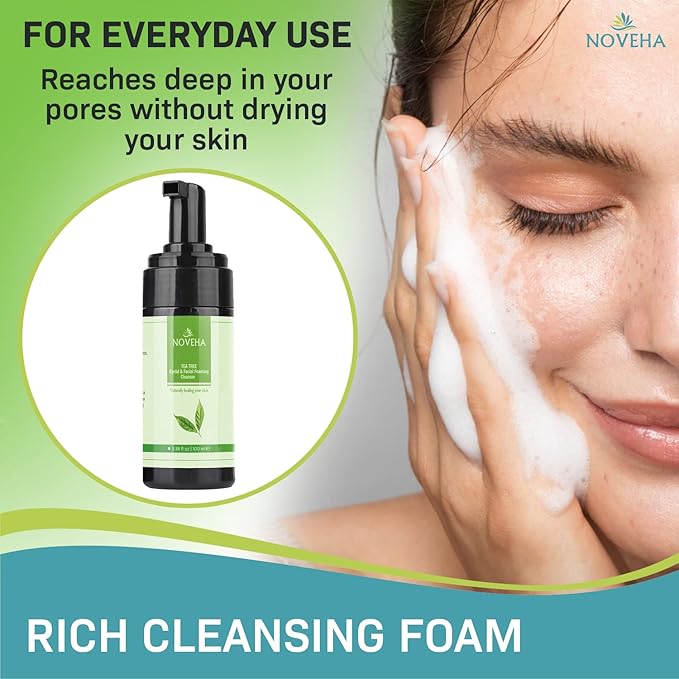 NOVEHA Tea Tree Oil Foaming Gentle Cleanser | Therapeutic Daily Skincare For Eyelash & lids, Eye Irritations, Stye Eyes, Skin Dryness, Moisturize with Organic Ingredients, All Types, 3.38 Ounce