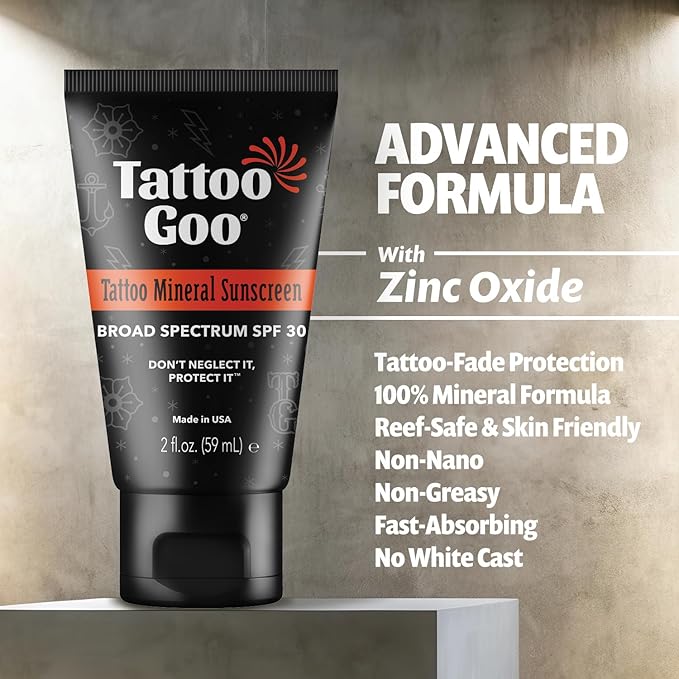 Tattoo Goo Zinc Oxide Mineral Sunscreen SPF 30 – Broad Spectrum UVA/UVB Protection, Tattoo Fade Shield, Non-Greasy, Fragrance-Free, 2 fl oz