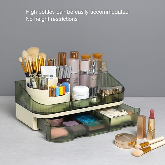 Large Plastic Makeup Organizer with Rotating Brush Holder for Vanity - Bathroom Countertop Skin Care Storage, Easy for Lipsticks, Nail Polishes, Perfumes & Eyeshadow Palettes