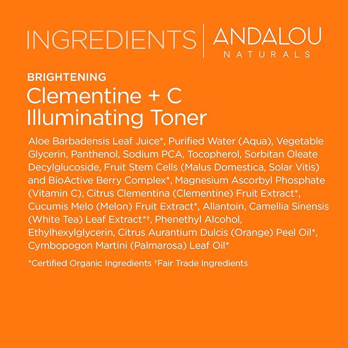 Andalou Naturals Illuminating Facial Toner Clementine + Vitamin C - Hydrating Face Mist Toner to Balance & Refresh Skin - with Fruit Stem Cell Complex Plus Aloe Vera - 6 fl oz